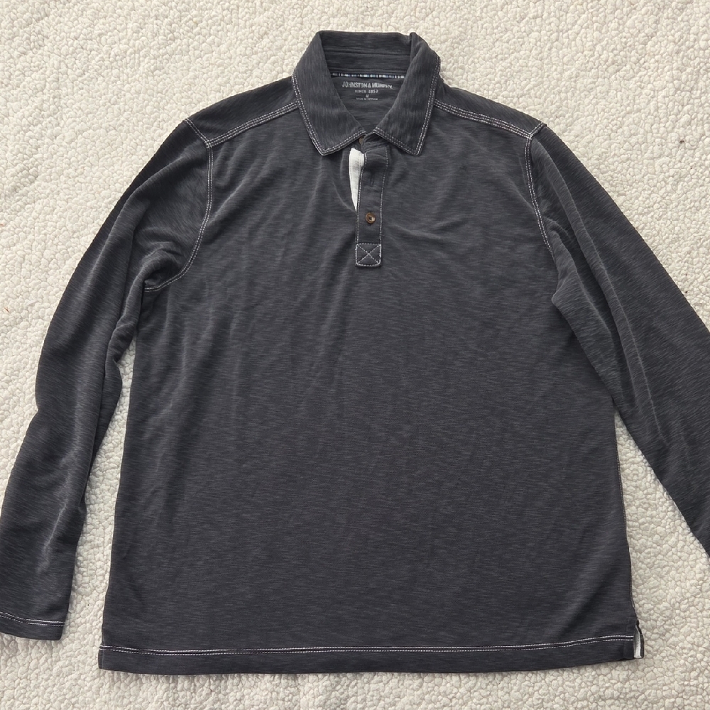 Johnston & Murphy Medium Vintage Slub Long-Sleeve Polo. Men's Gray Shirt